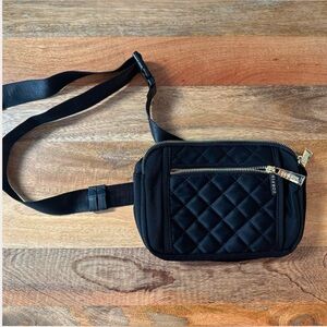Black quilted crossbody belt bag adjustable straps, zipper, inner pockets, NWOT